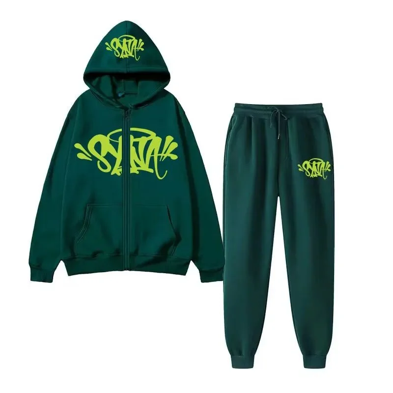 Streetwear Tracksuit Set Green Graffiti Print