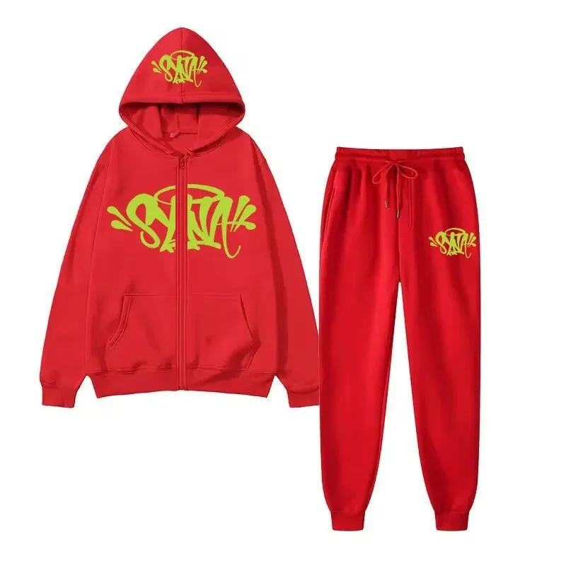 Unisex Red 'SYN' Tracksuit Set with Yellow Graffiti Print