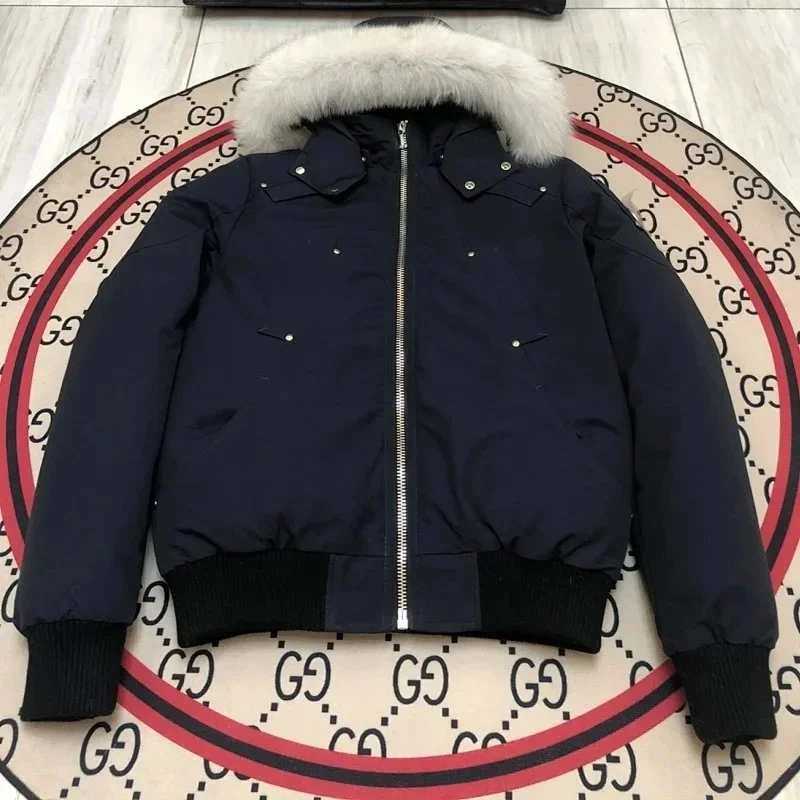 Navy Blue Bomber Jacket with Fur Trim