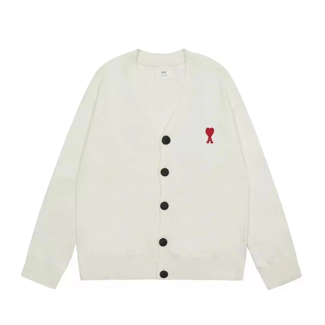 Ami Paris Ami de Coeur Cream Cardigan with Red Heart Logo