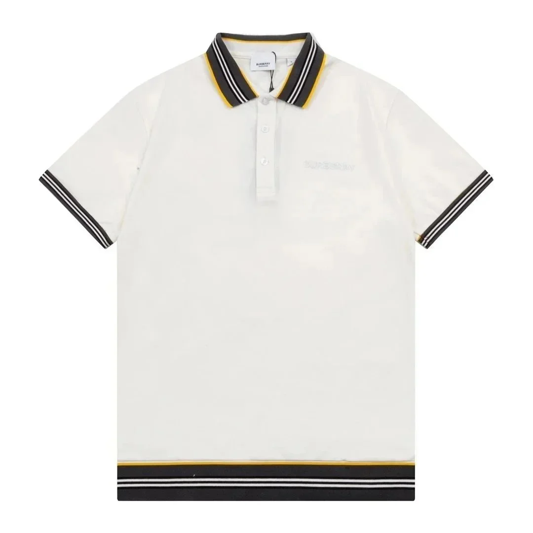 Burberry White Polo Shirt with Striped Trim