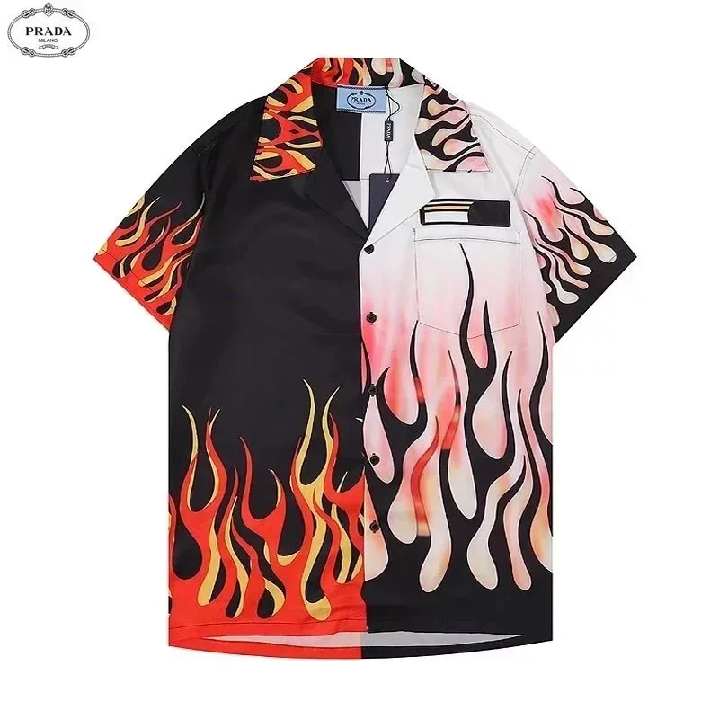 Prada Flame Print Short Sleeve Shirt Red/White