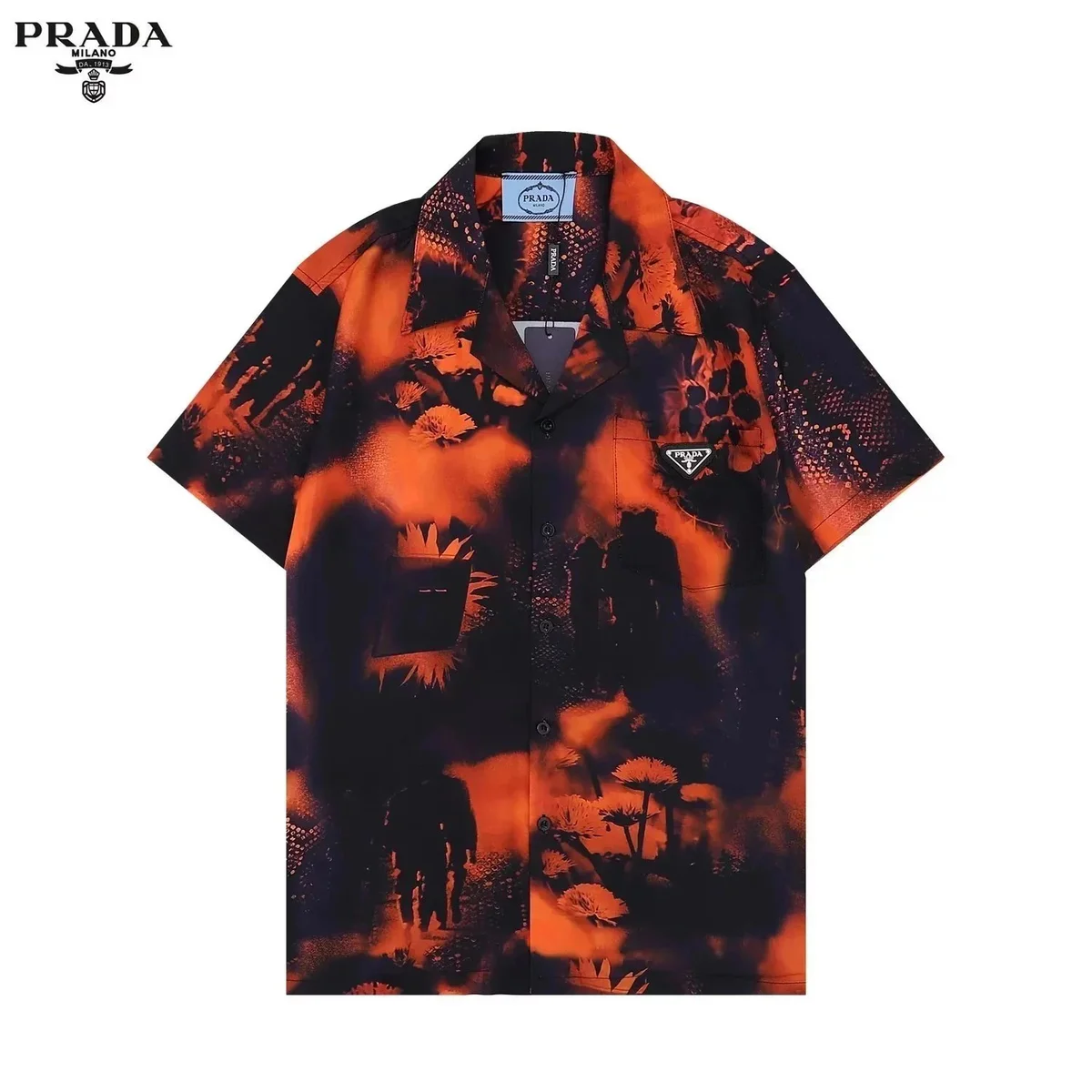 Prada Tropical Print Short-Sleeve Shirt Orange