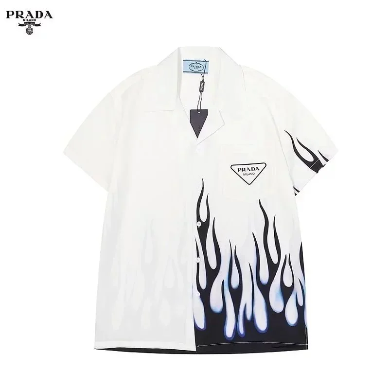 Prada Flame Print Short Sleeve Shirt White Casual