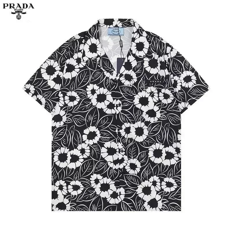 Prada Floral Print Short Sleeve Shirt Black/White T-Shirts