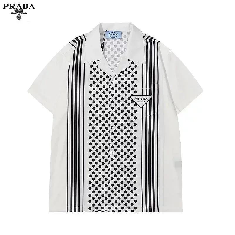 Prada White & Black Polka Dot & Stripe Short Sleeve Shirt