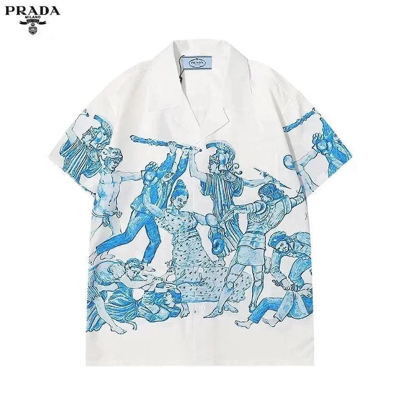Prada Blue Print Short Sleeve Shirt White
