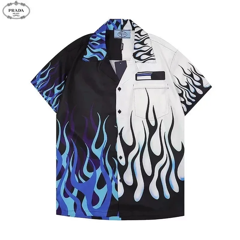 Prada Flame Print Short Sleeve Shirt Blue/White