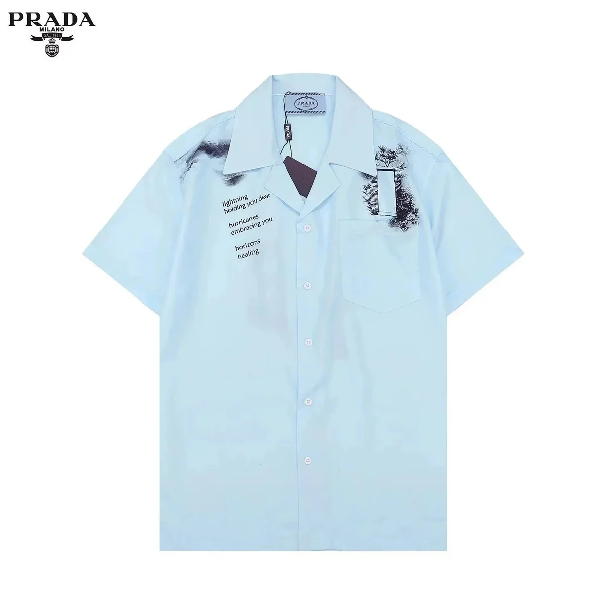 Prada Light Blue Short-Sleeve Shirt with Artistic Print