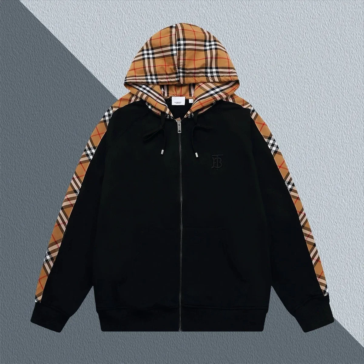 Burberry TB Monogram Black Hoodie with Checkered Sleeves