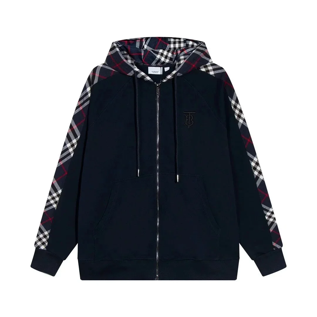 Burberry Monogram Zip-Up Hoodie Navy with Checkered Sleeves