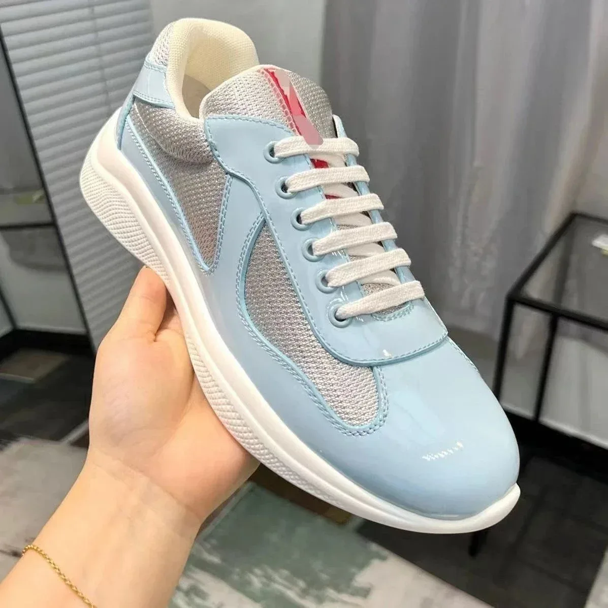 Prada Runners Light Blue Patent Leather Sneakers