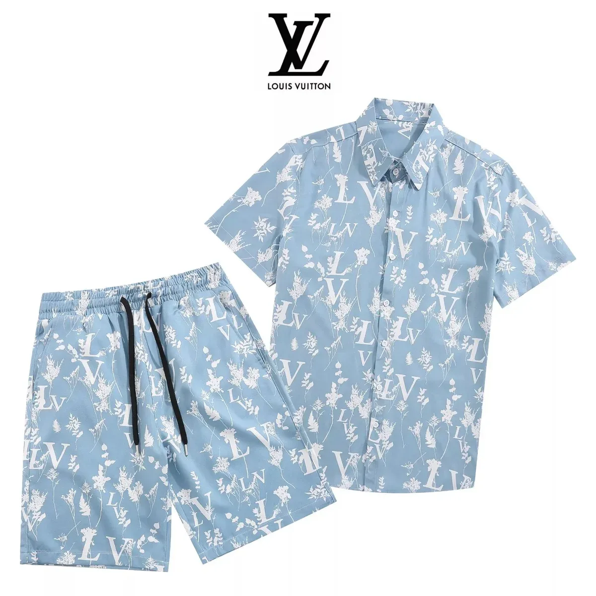 Louis Vuitton Floral Print Shirt & Shorts Set Light Blue