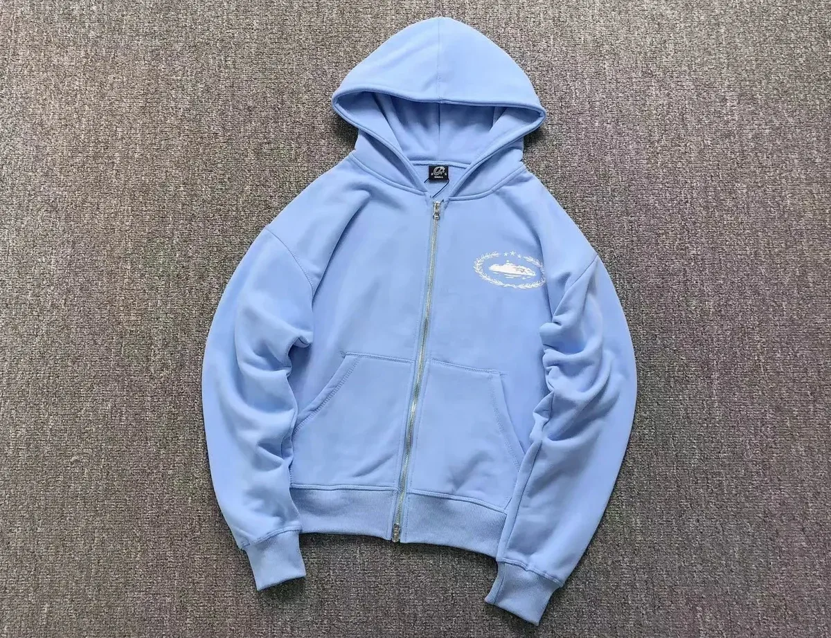 Light Blue Zip-Up Hoodie with Embroidered Logo