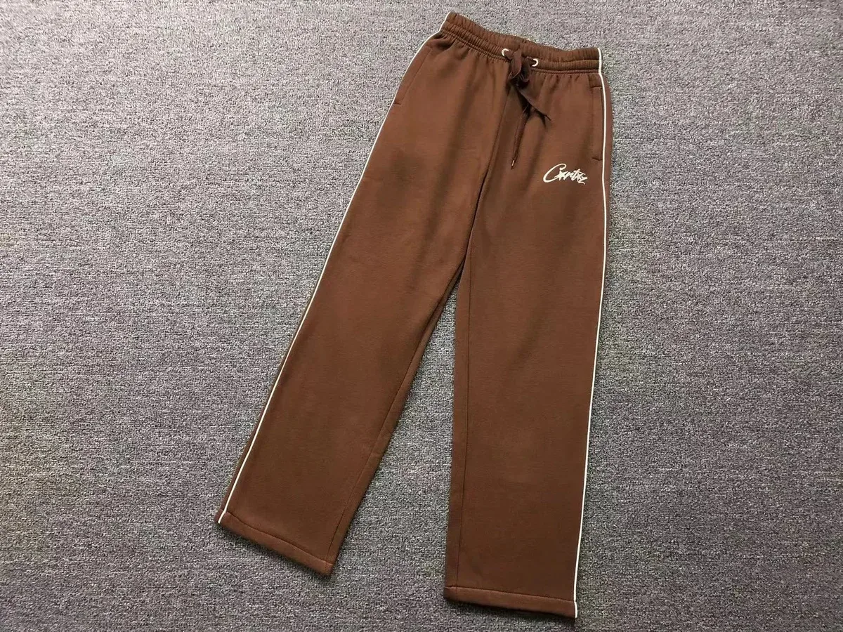 Brown Track Pants with White Stripe and Logo