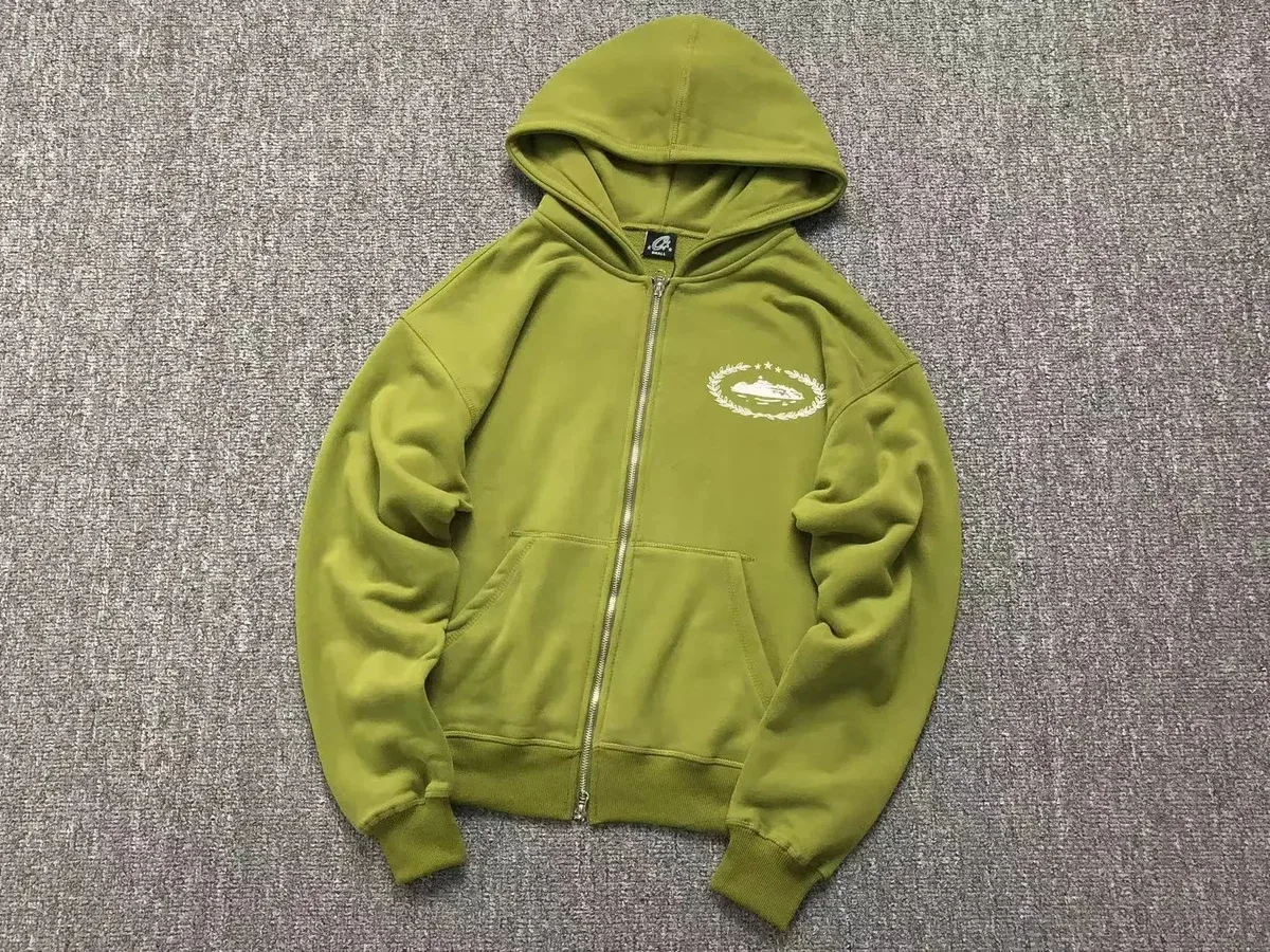 Oversized Olive Green Zip-Up Hoodie with Embroidered Logo