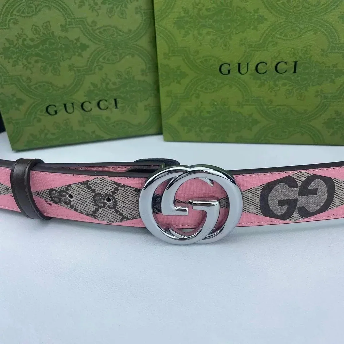 Gucci Pink GG Belt with Silver Buckle