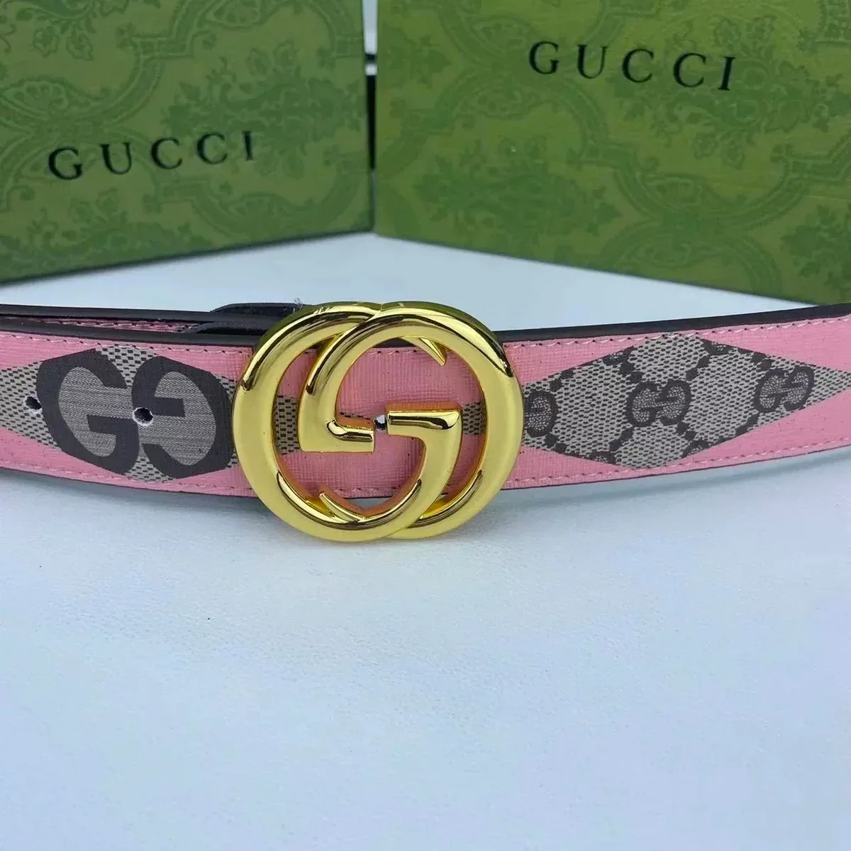 Gucci GG Monogram Pink Belt with Gold Buckle