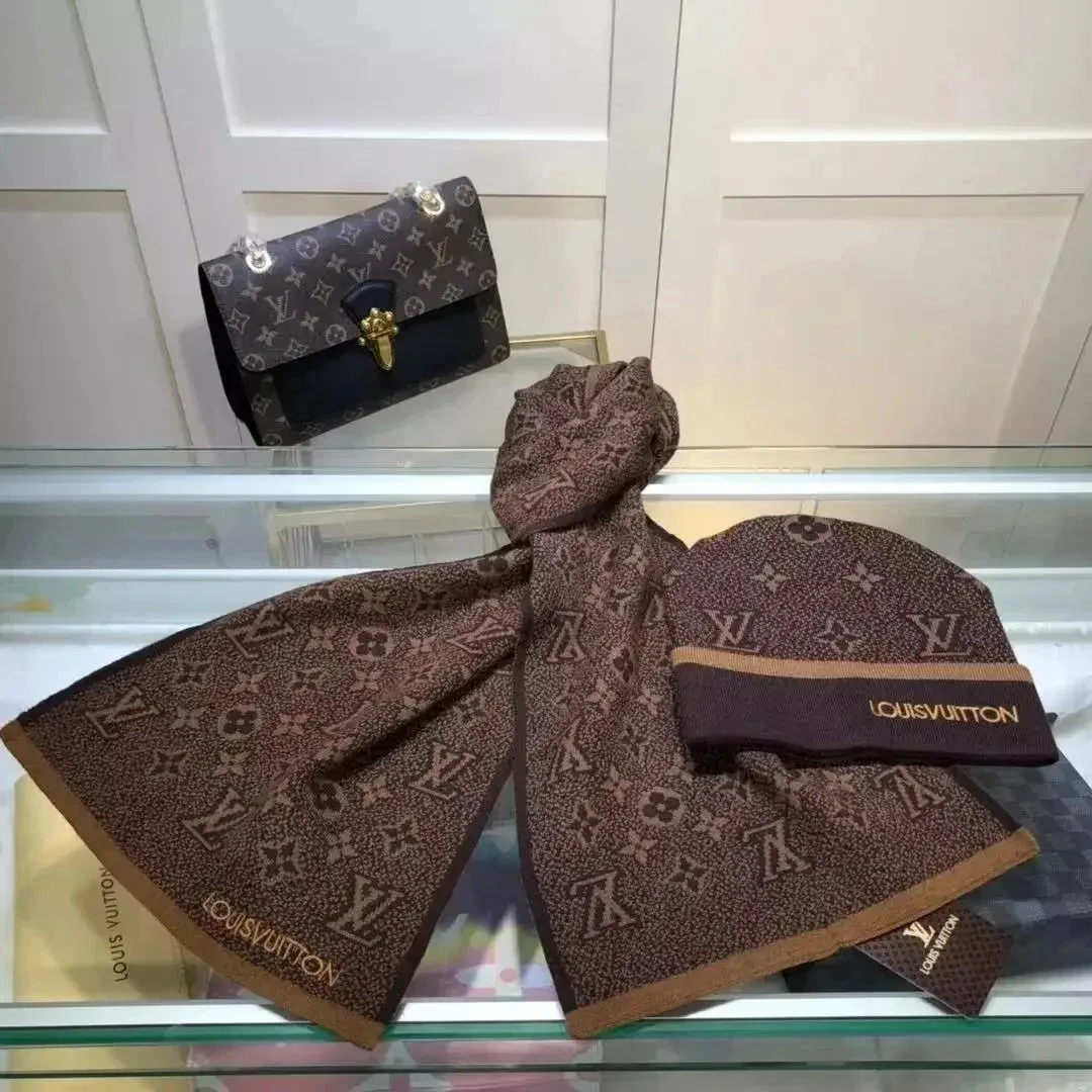 Louis Vuitton Neverfull Monogram Scarf & Beanie Set T202# Coffee