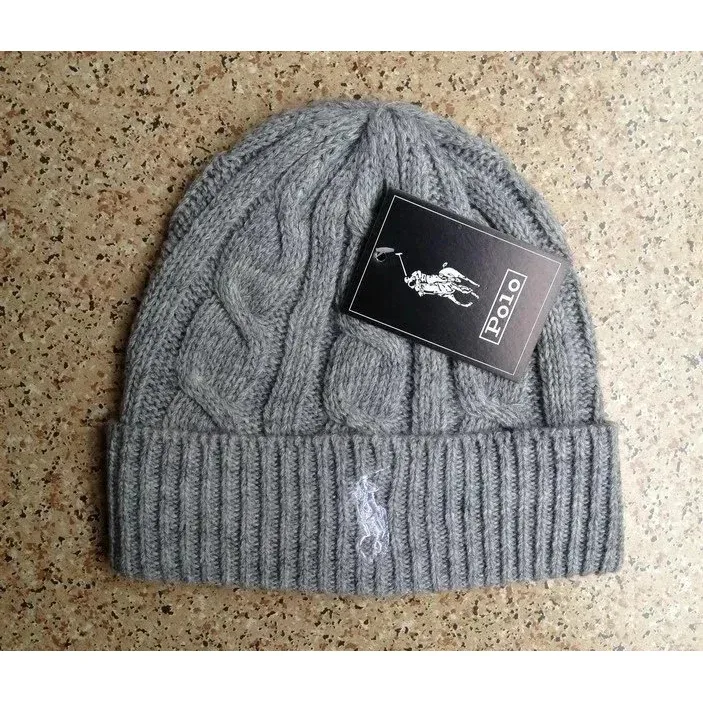 Polo Ralph Lauren Grey Cable Knit Beanie with Embroidered Pony