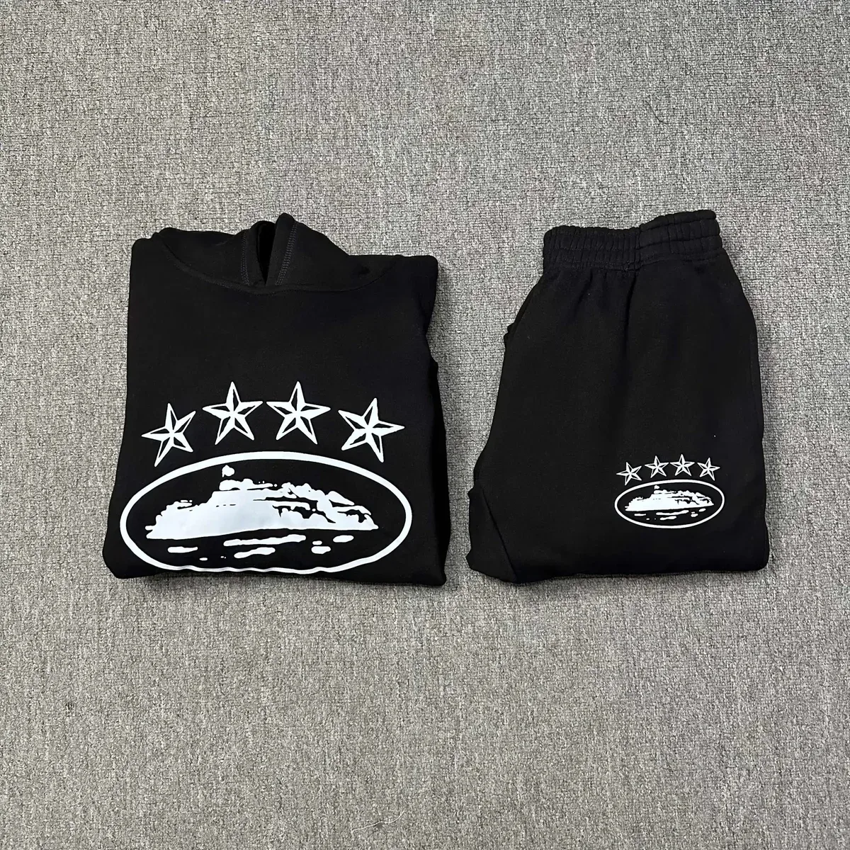 Black Hoodie & Pants Set with Star & Boat Print