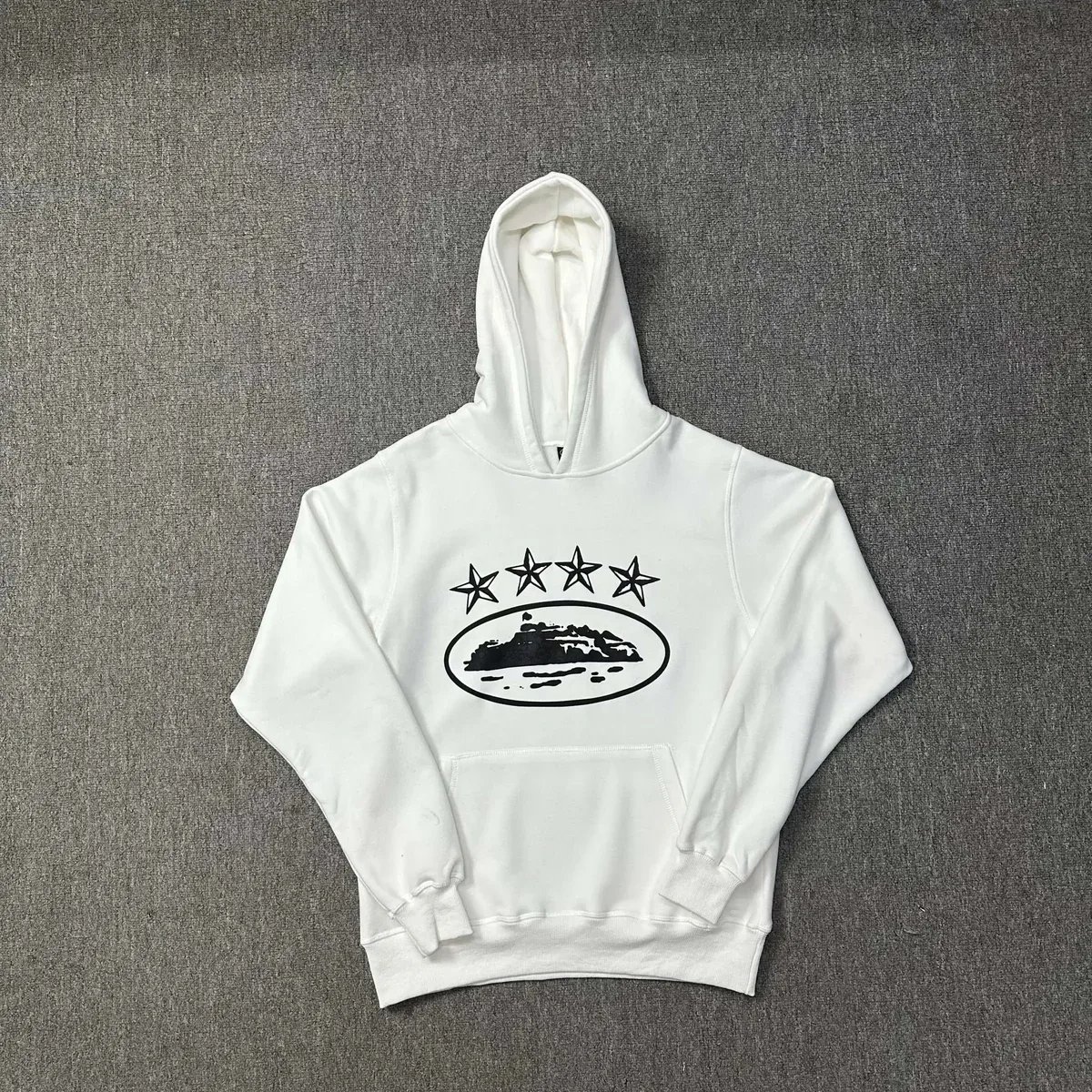 White Hoodie with Island Print and Stars