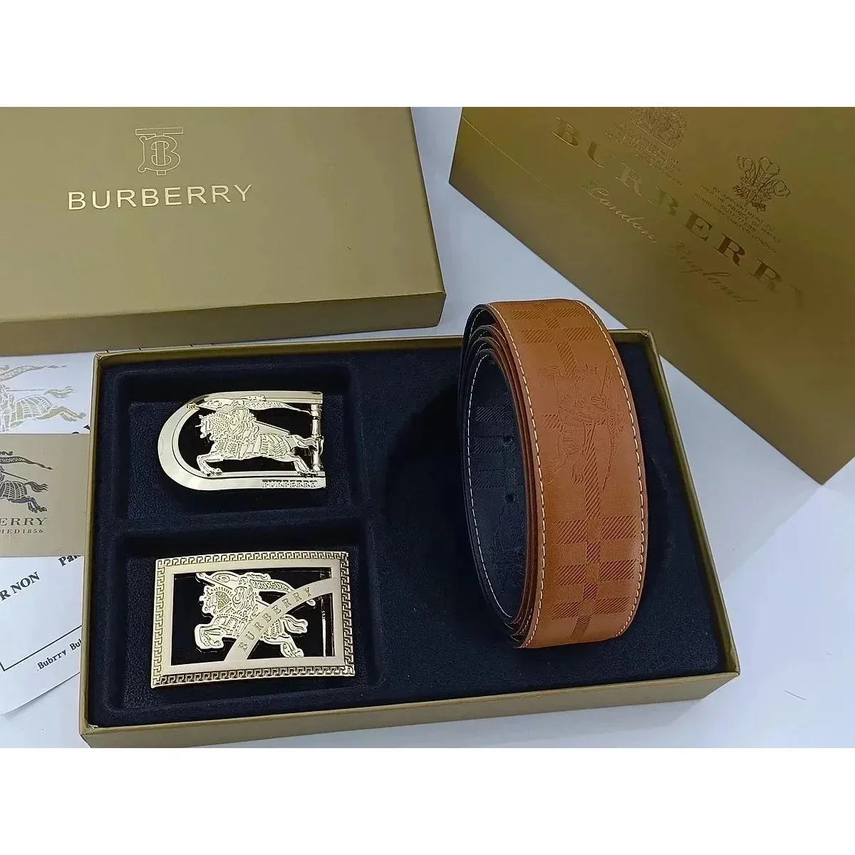 Burberry Classic Check Belt Set in Tan