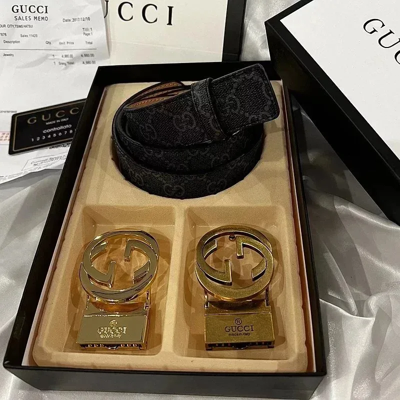 Gucci GG Belt Set Black Leather Belt with Gold Buckles
