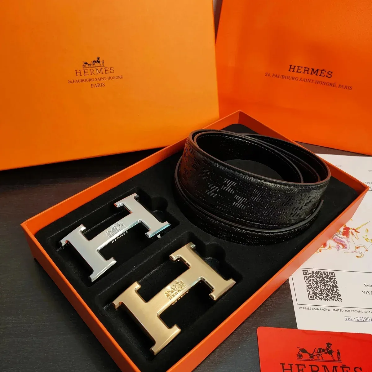 Hermès Black H Buckle Belt Set