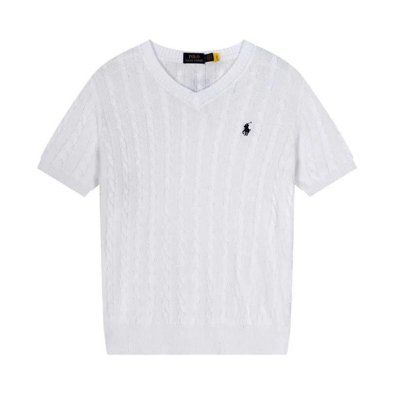 Polo Ralph Lauren Big Pony Cable Knit V-Neck Sweater White