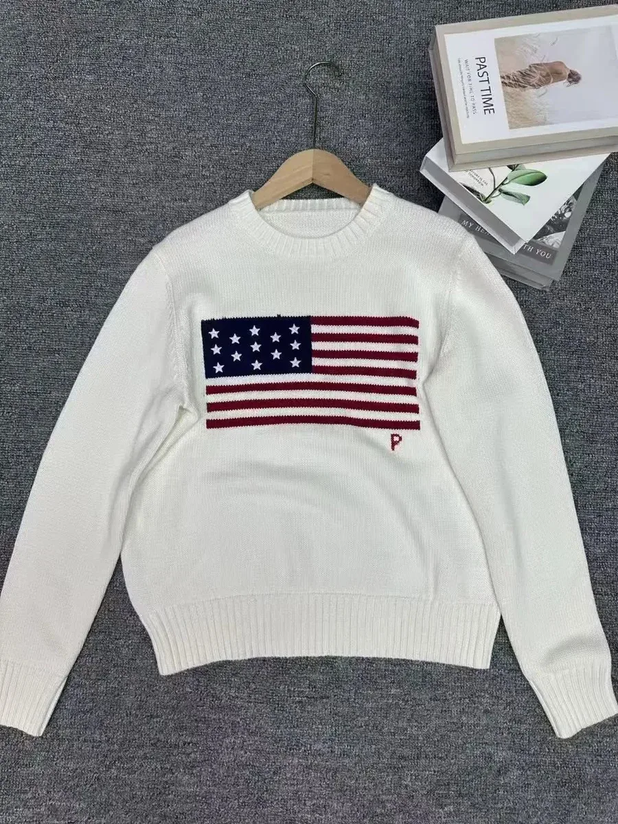 Polo Ralph Lauren Big Pony American Flag Sweater White