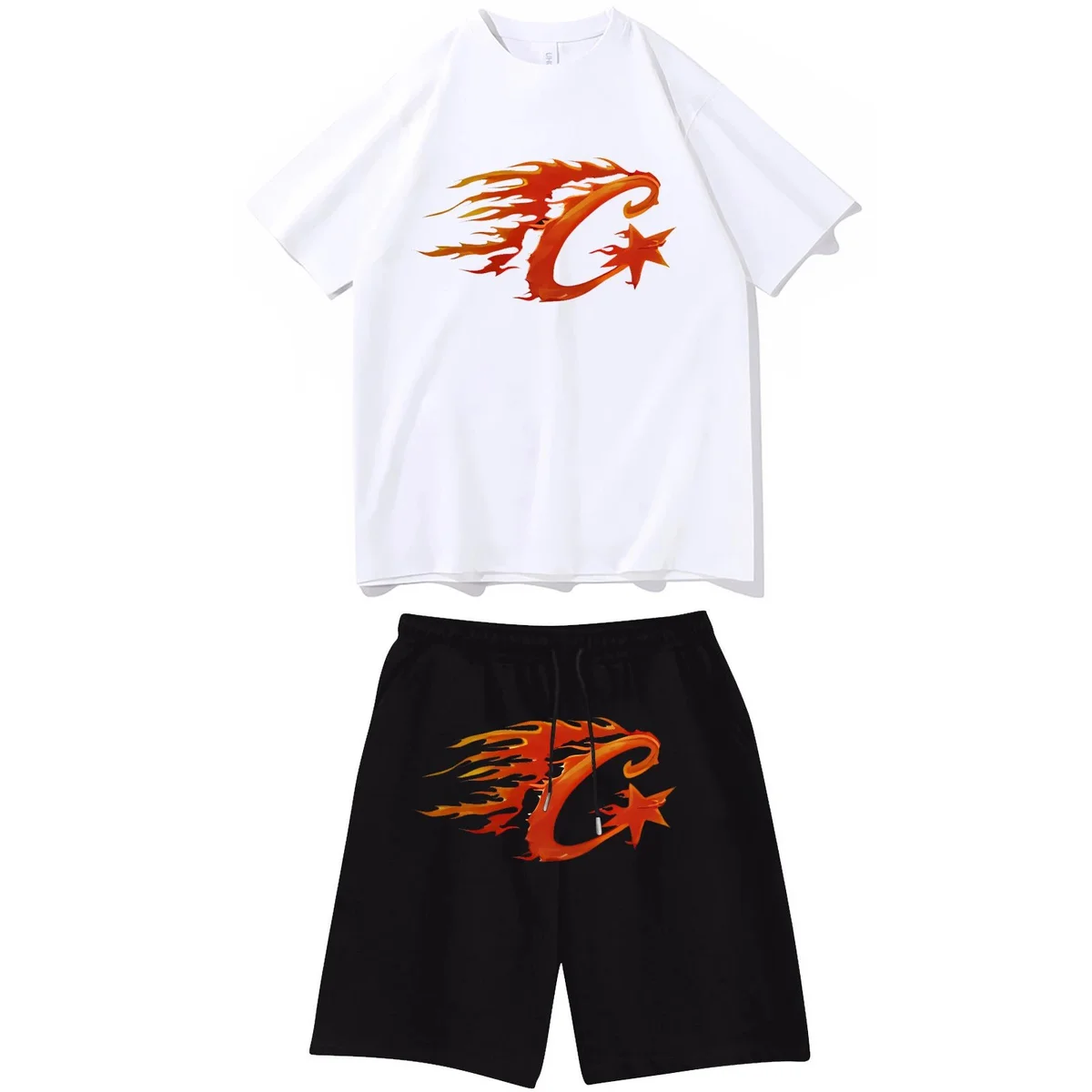 Unisex Flame 'C' Graphic Set: White Tee & Black Shorts