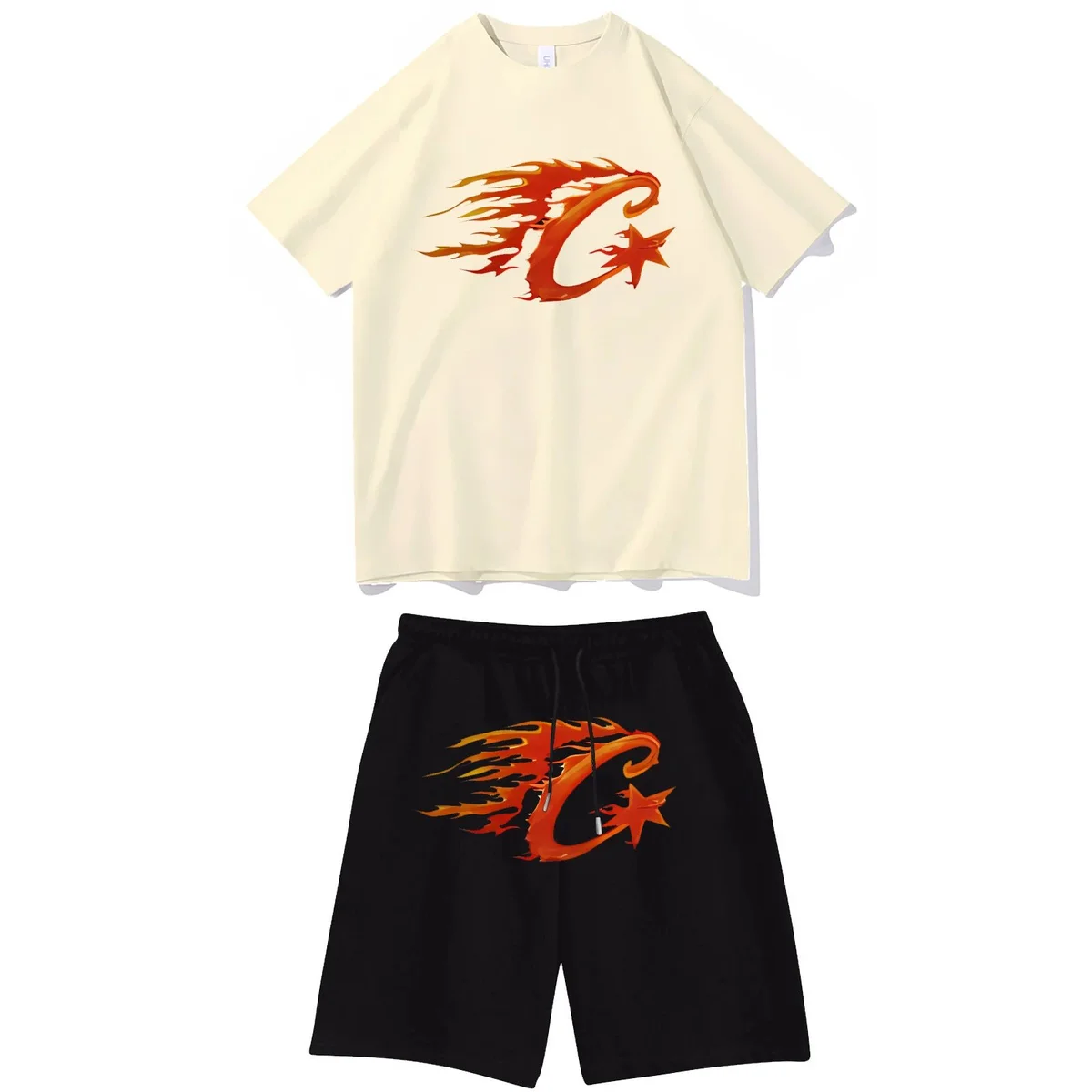 Unisex Flame 'C' Graphic Set - Cream Top & Black Shorts