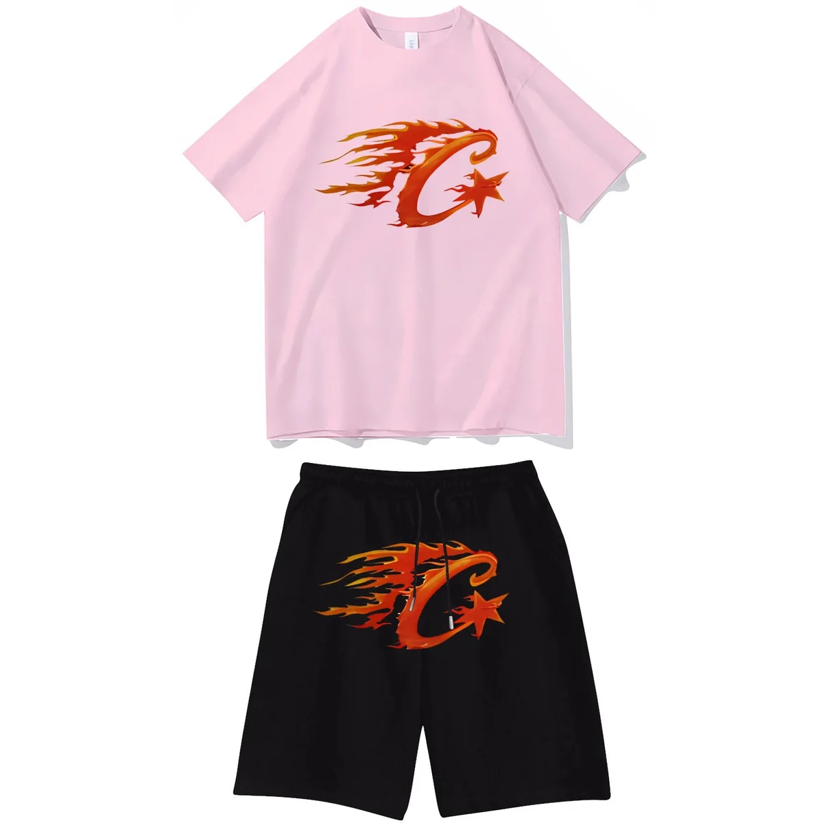 12粉色005 Flame Print T-Shirt & Shorts Set