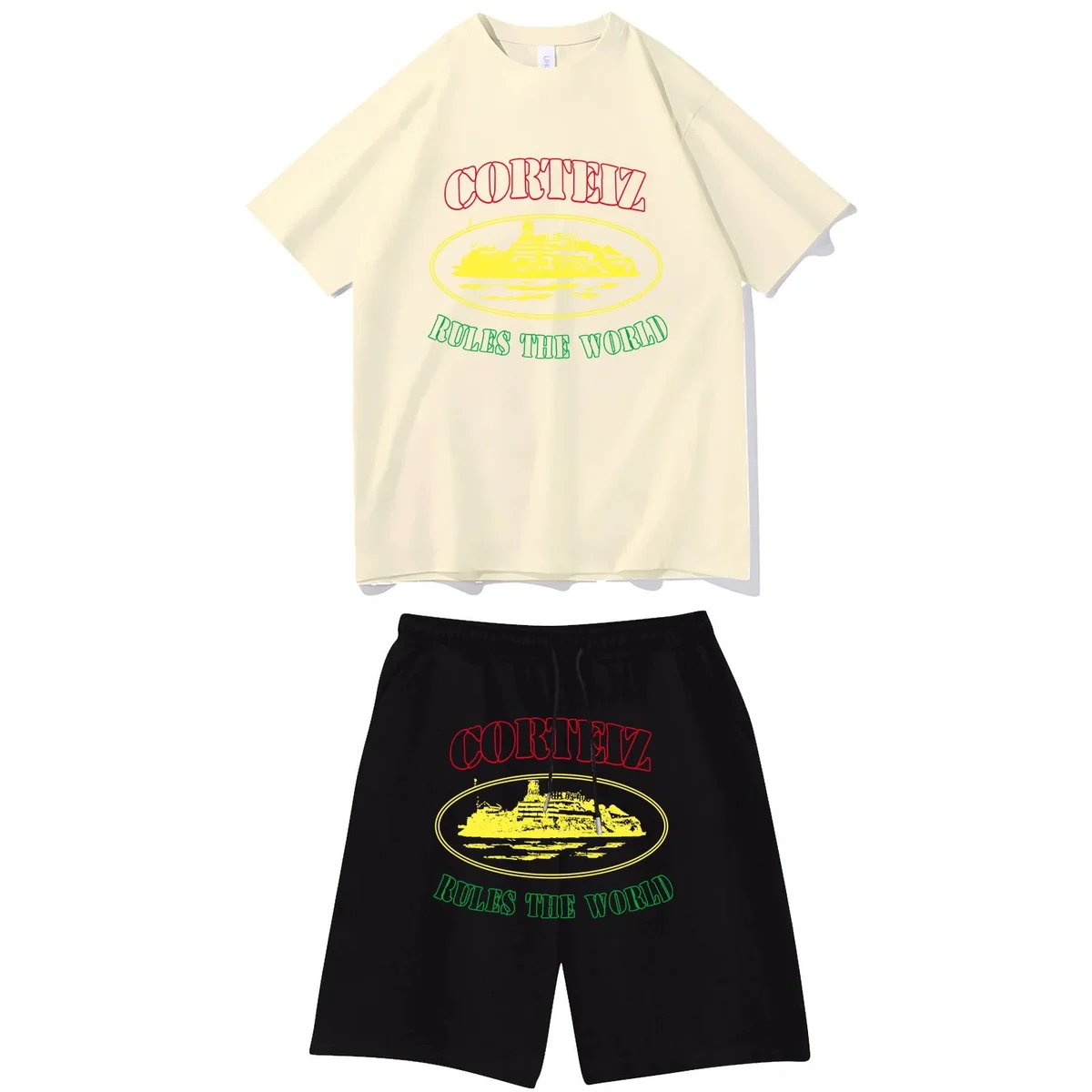 Corteiz Rules the World Set - Beige Top & Black Shorts