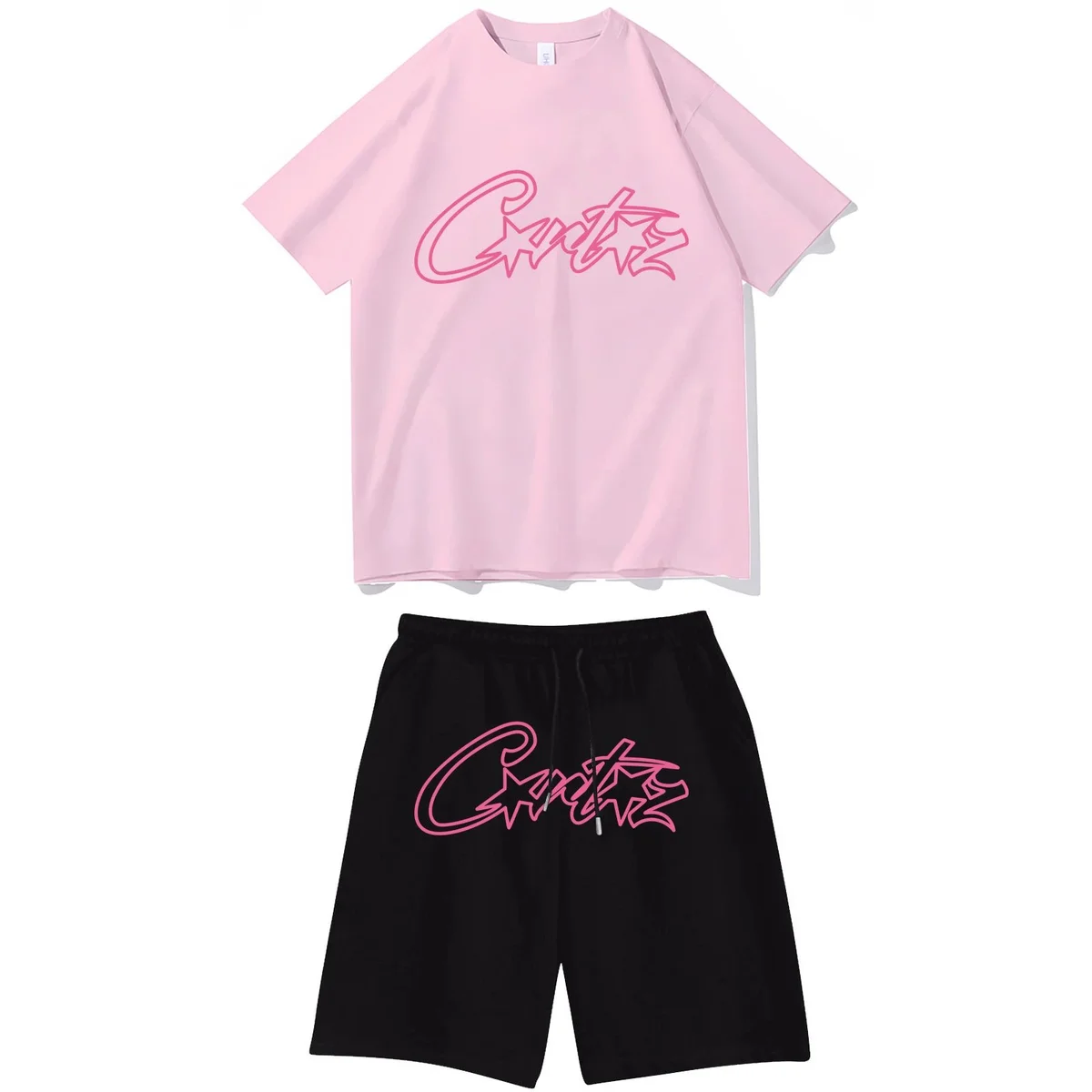 Unisex 'Cute' Graphic Set Pink/Black Shorts & T-Shirt