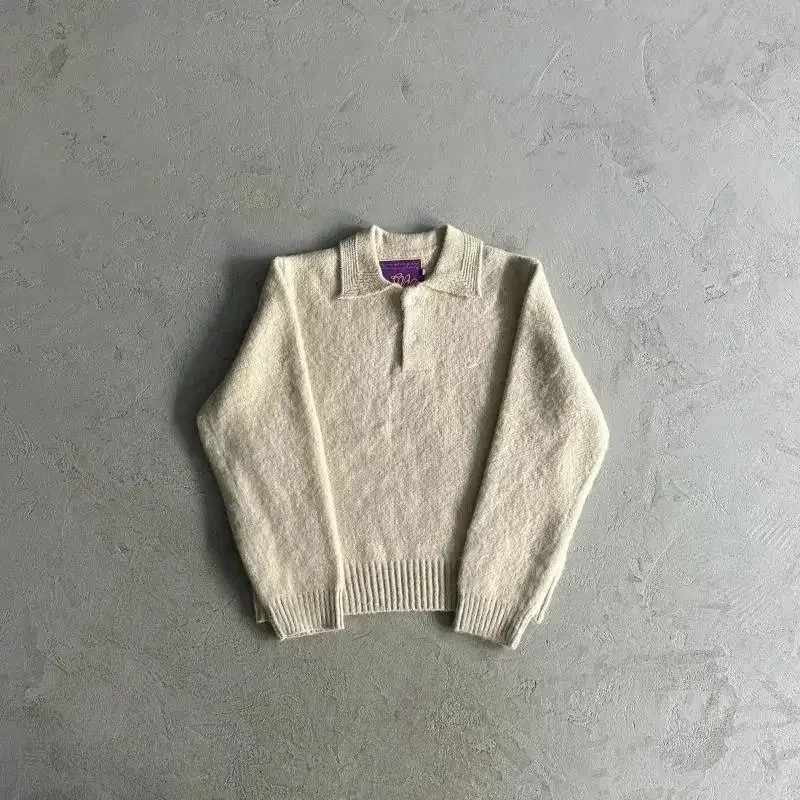 Polo Knit Sweater with Large Collar in Beige