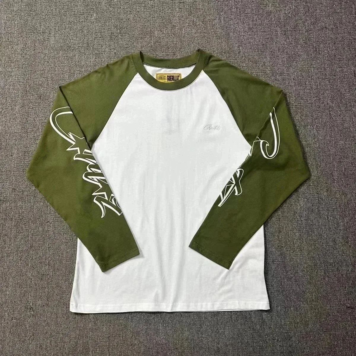 Unisex White/Olive Long Sleeve Tee with Graphic Print
