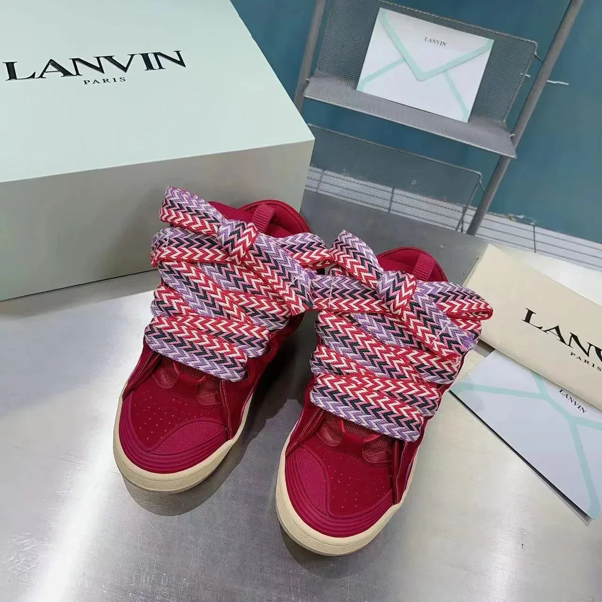 Lanvin Red High-Top Sneakers with Zigzag Laces