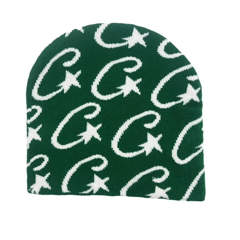 Green & White Star & C Pattern Beanie