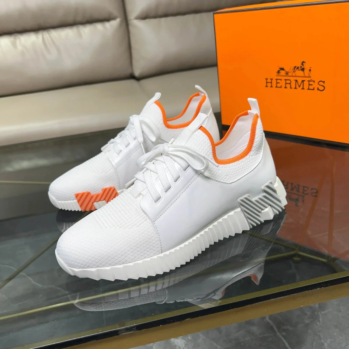 Hermès White Orange Sneakers