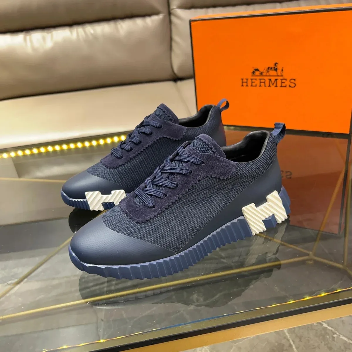 Hermès Navy H Logo Sneakers