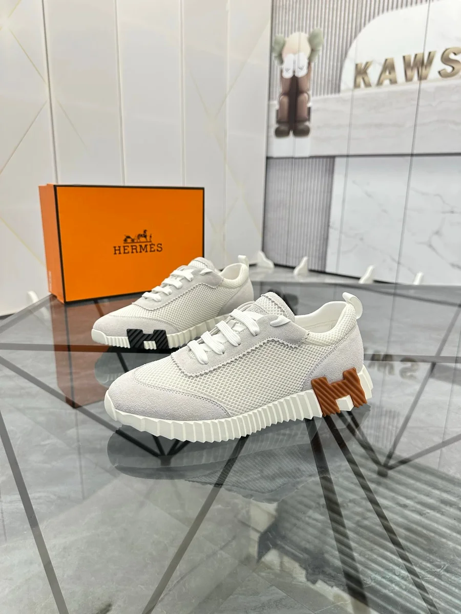 Hermès White Mesh & Suede Sneakers