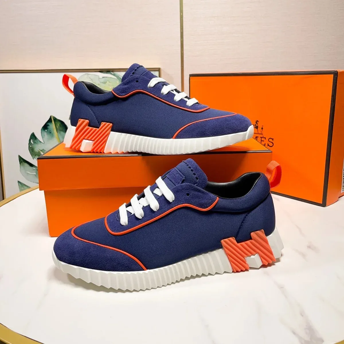 Hermès Navy Orange Tabi Sneakers