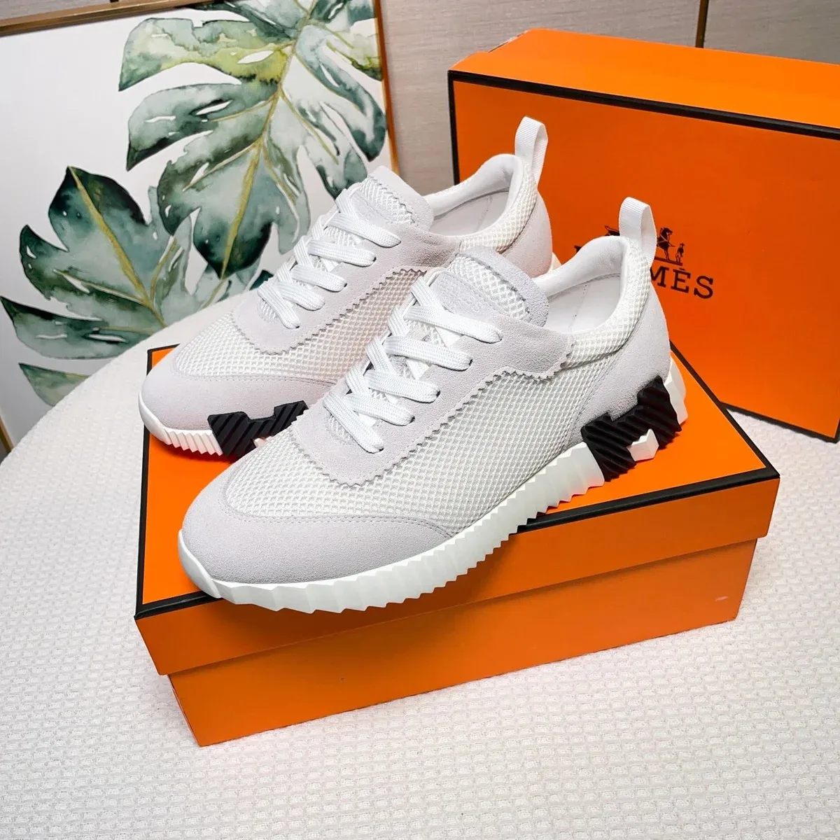 Hermès White Mesh & Suede Sneakers