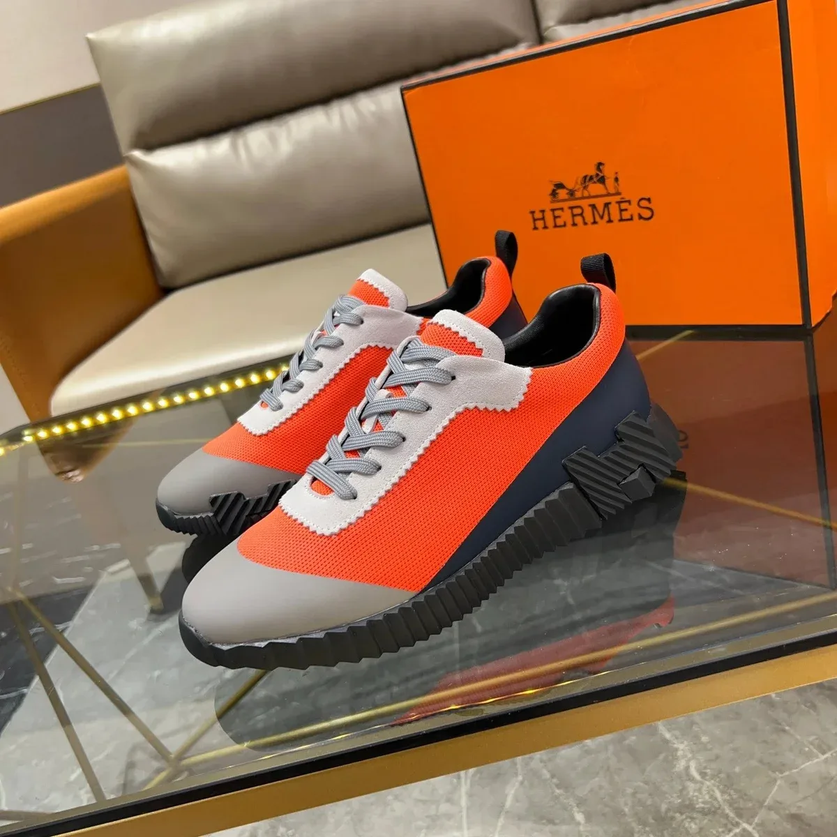 Hermès Orange & Grey Tabi Sneakers