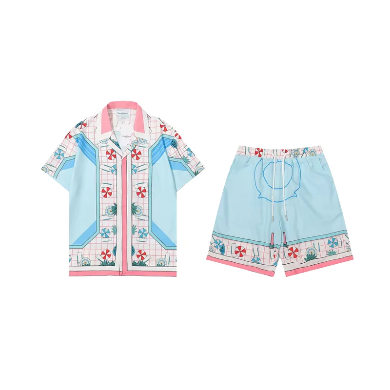 Unknown Brand Tile Print Shorts Set Light Blue/White Casual