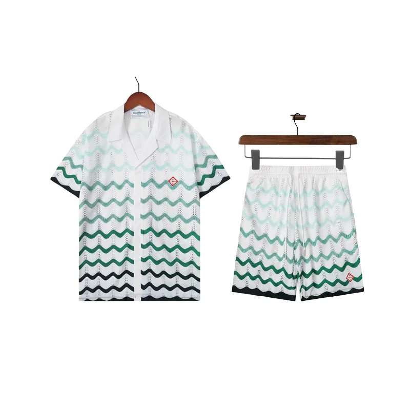 Cardiganer Zigzag Stripe Shorts Set White/Green Casual Co-ord Set