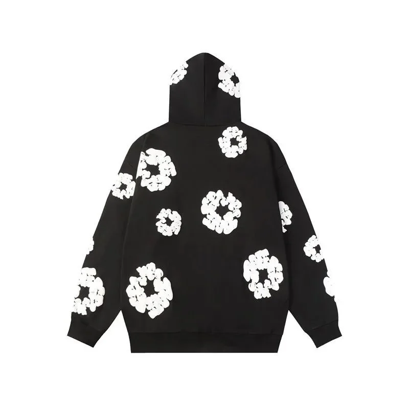 Black White Floral Print Hoodie