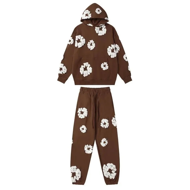 Unknown Brand Floral Hoodie & Pants Set Brown White Tracksuit